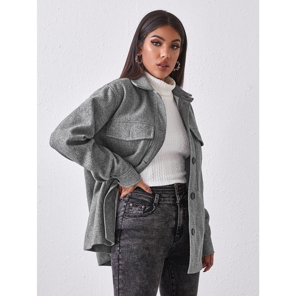 boyfriend shacket oversized Button Front Pocket Patched jacket gray - Picture 5 of 5